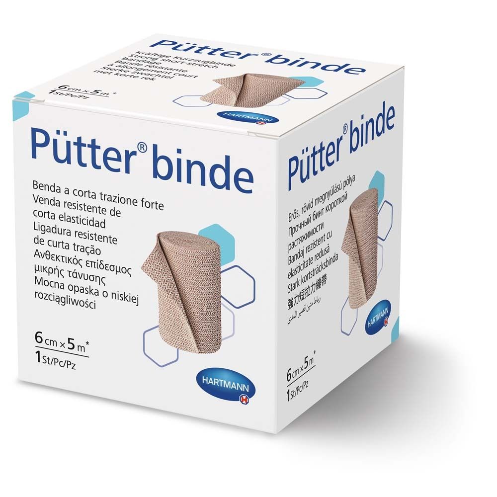 Boîte de Puetterbinde. Bandage de 6cm x 5m. Inscription: Puetterbinde, Hartmann. Informations multilingues sur le produit.