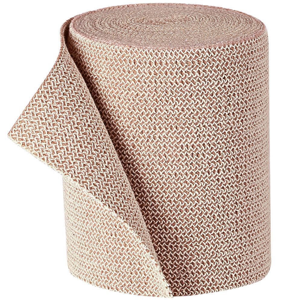 Bandage beige roulé. Structure tissée. Une extrémité du bandage est déroulée.