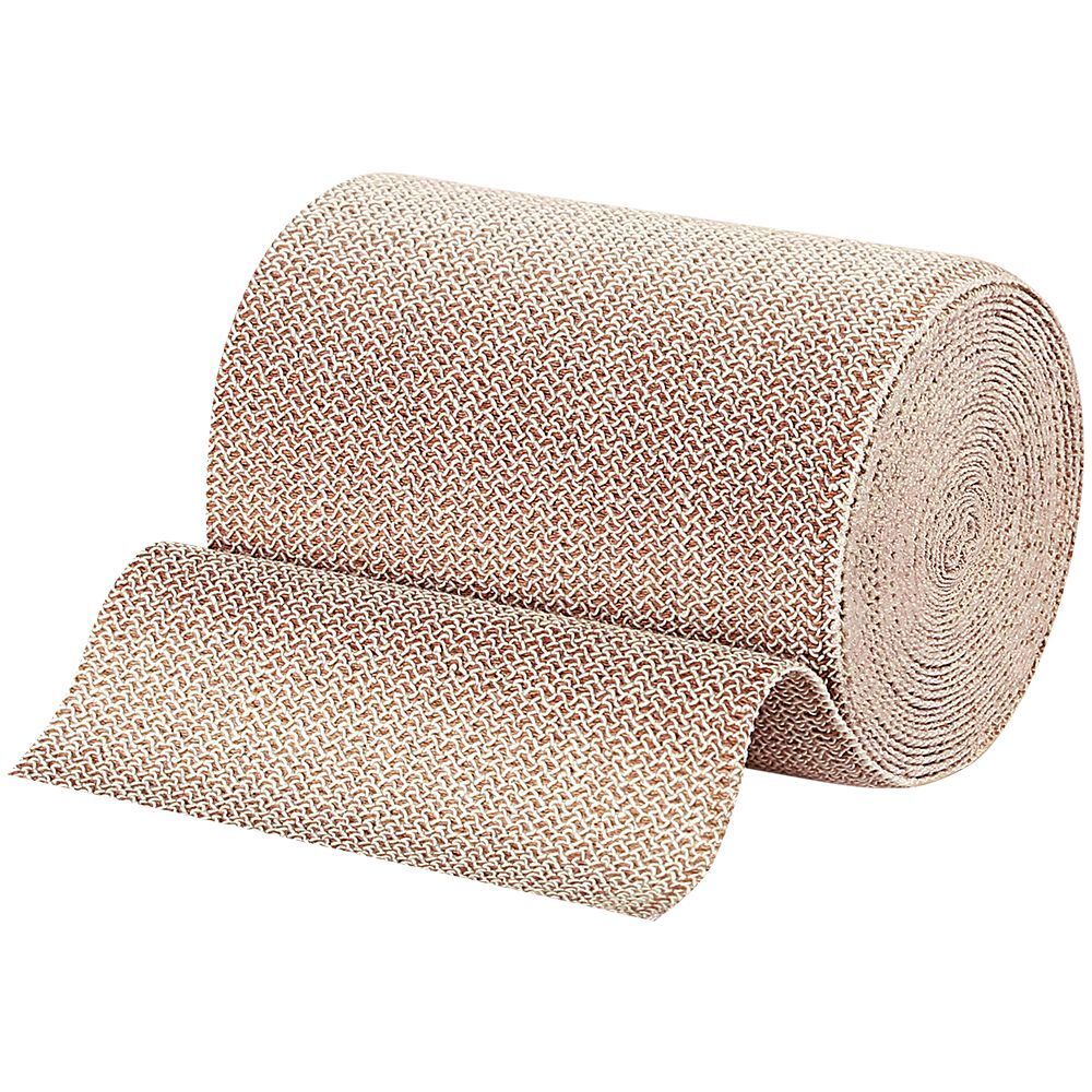 Bandage beige roulé. Structure tissée. Une extrémité du bandage est déroulée.