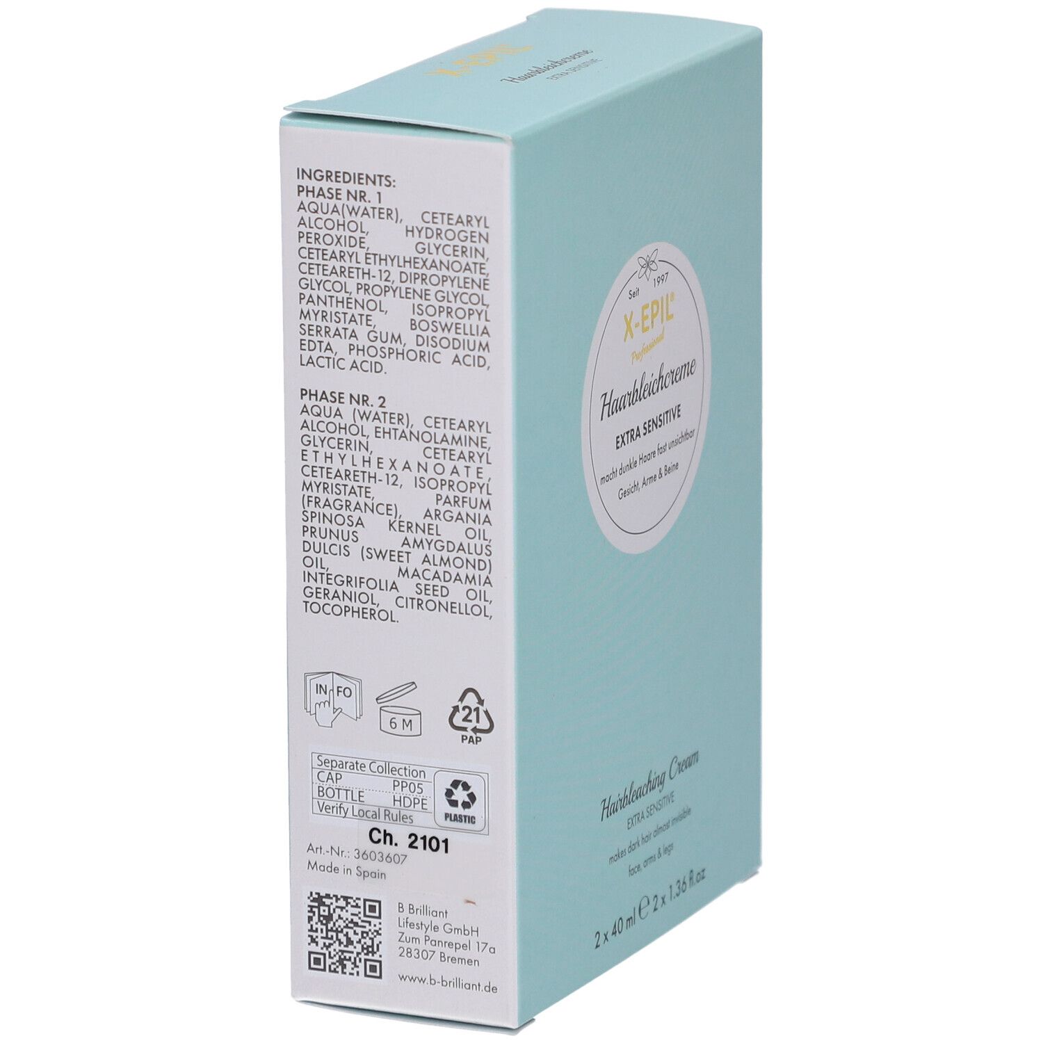 Boîte turquoise avec ingrédients. Nom du produit : X-Epil Haarbleichcreme Extra Sensitive. Deux phases avec ingrédients.