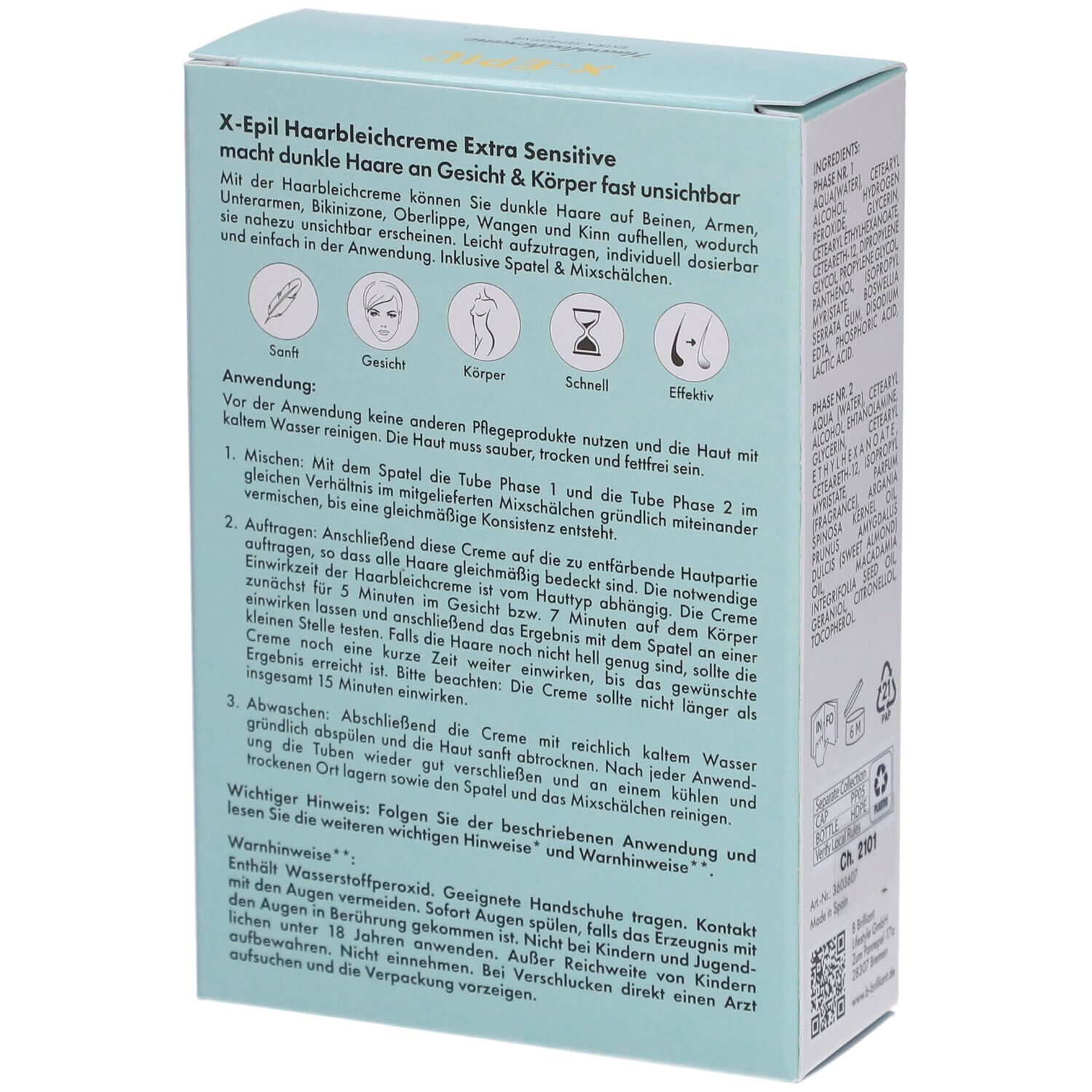 Boîte turquoise avec instructions et avertissements. Nom du produit : X-Epil Haarbleichcreme Extra Sensitive.