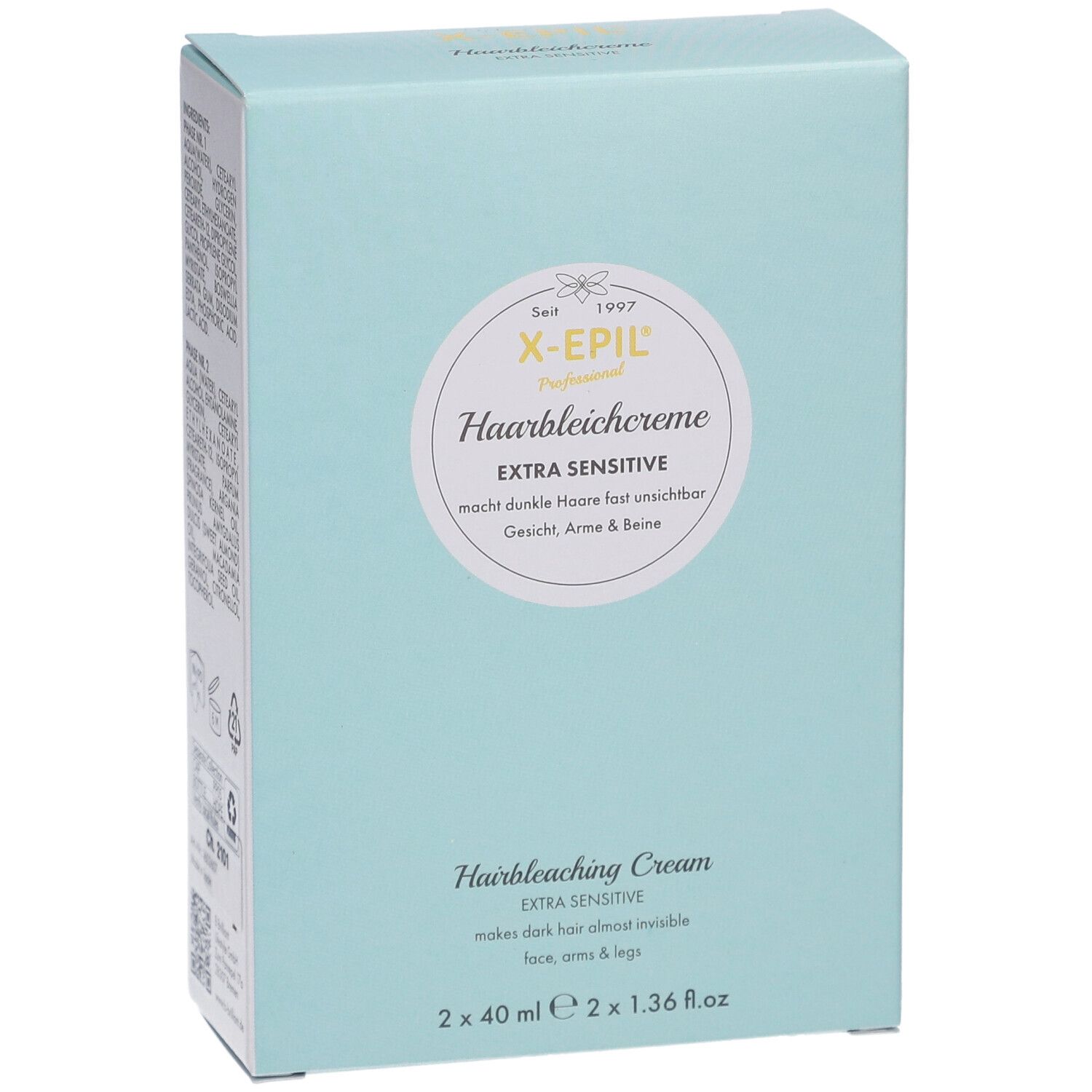 Boîte turquoise X-Epil Haarbleichcreme. Contient une illustration d'une femme. Texte : Extra Sensitive. Pour peaux sensibles.