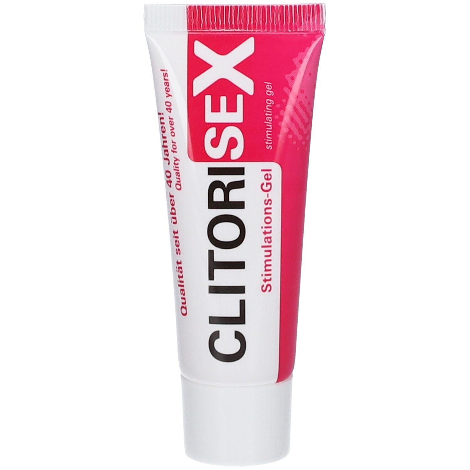 Roze gel tube. Opschrift: CLITORISEX, Stimulations-Gel. Kwaliteit voor meer dan 40 jaar.