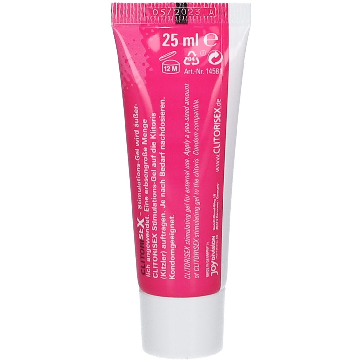 Achterkant van de tube. Tekst: CLITORISEX Stimulations-Gel. 25 ml. Informatie over gebruik en ingrediënten.