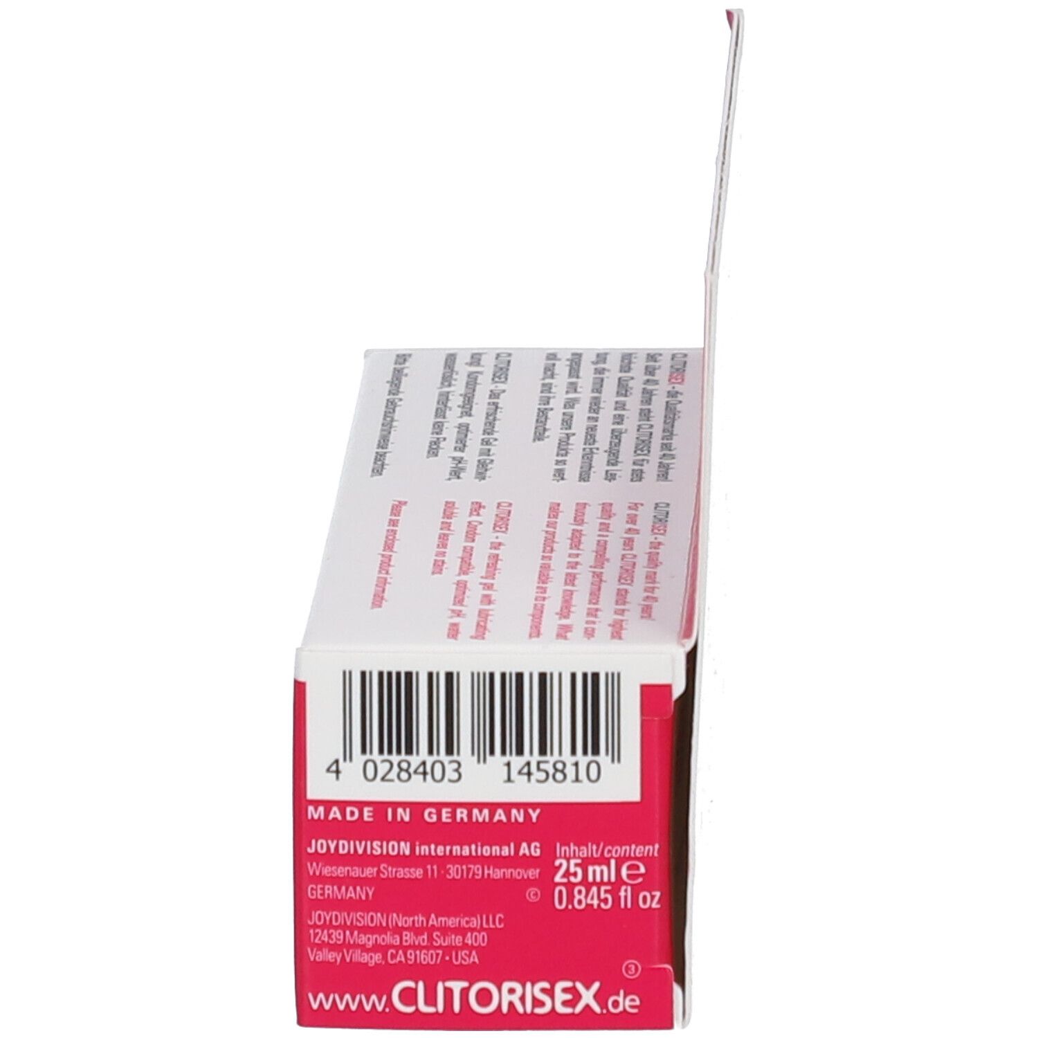 Zijaanzicht van de verpakking. Barcode, fabrikantinfo, 25 ml, 0.845 fl oz.