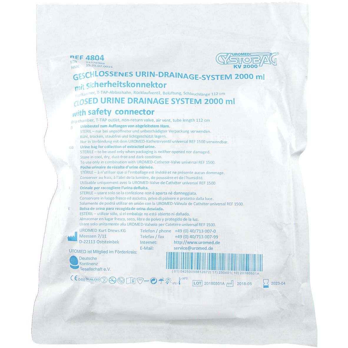 Emballage du Cystobag® KV 2000. Système de drainage urinaire fermé avec connecteur de sécurité. Texte et logo visibles.