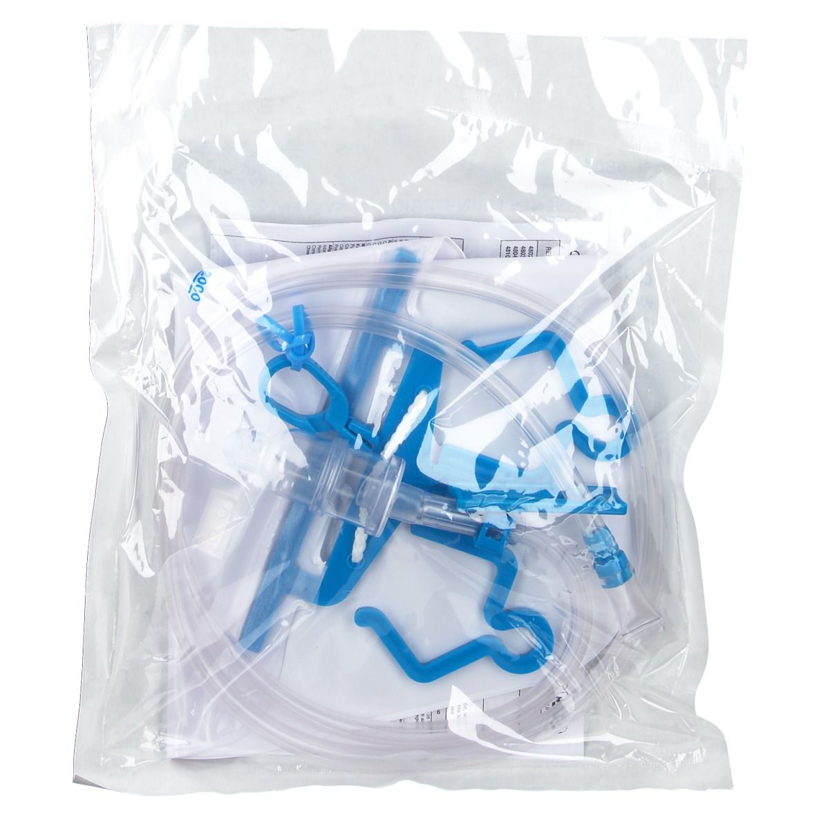 Contenu du Cystobag® KV 2000. Diverses pièces en plastique bleu, tubes et documents dans un emballage transparent.