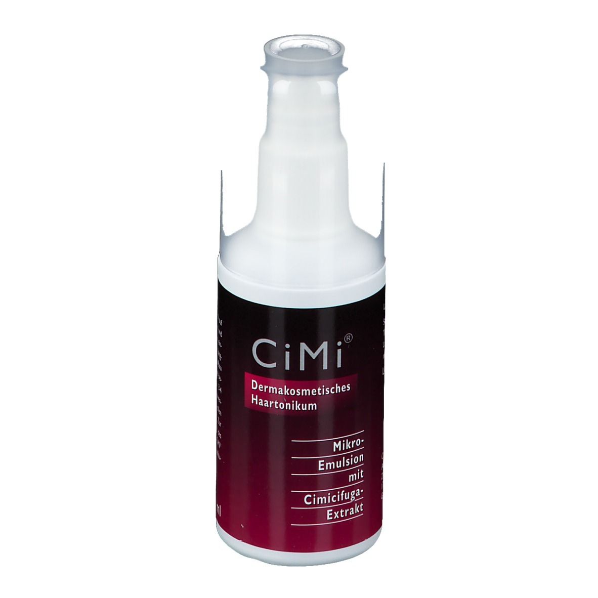 Witte fles met rood etiket. Opschrift: CiMi, Dermacosmetisch Haartonikum, Micro-emulsie met Cimicifuga-extract.
