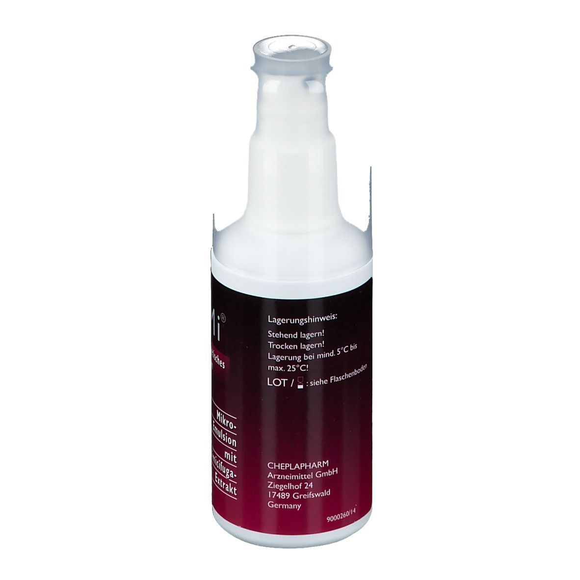 Witte fles met rood etiket. Opschrift: Bewaarinstructies, Rechtop bewaren! Droog bewaren! Bewaren bij max. 25°C.