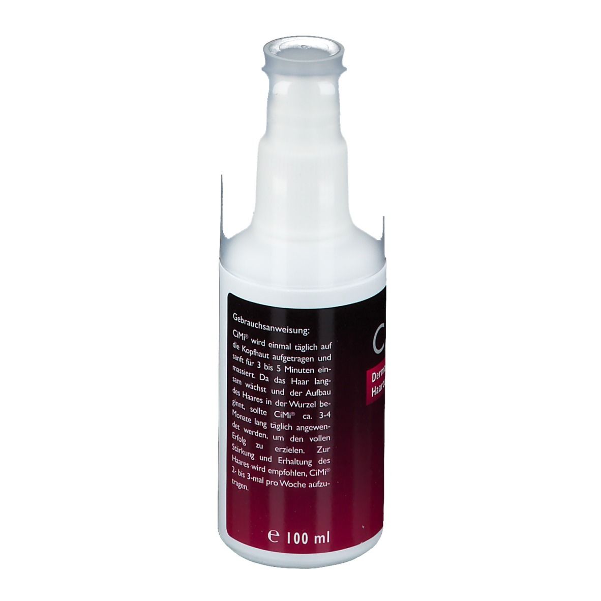 Witte fles met rood etiket. Opschrift: Gebruiksaanwijzing. Bevat 100 ml. CiMi wordt eenmaal daags aangebracht.