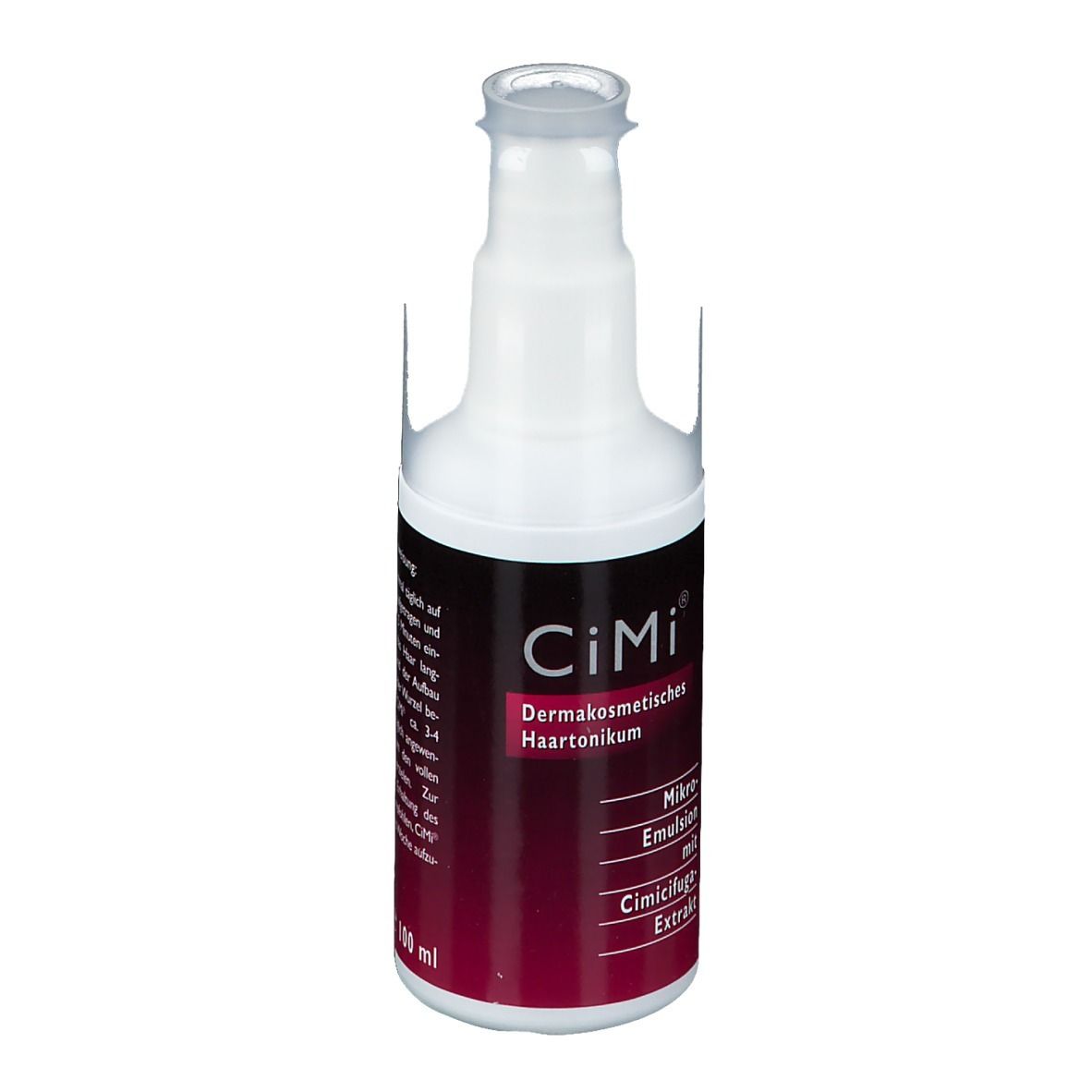 Witte fles met rood etiket. Opschrift: CiMi, Dermacosmetisch Haartonikum, Micro-emulsie met Cimicifuga-extract. 100 ml.