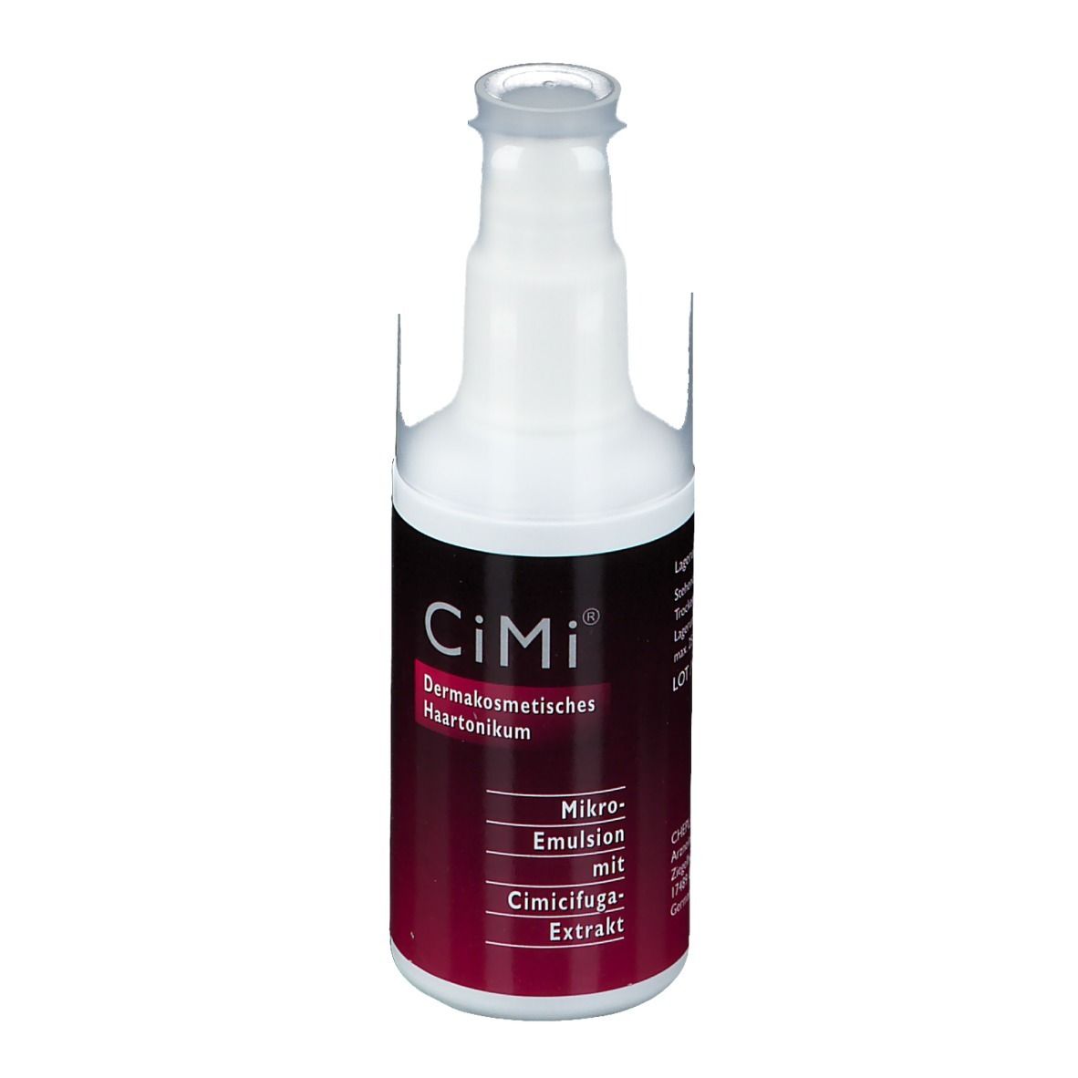 Witte fles met rood etiket. Opschrift: CiMi, Dermacosmetisch Haartonikum, Micro-emulsie met Cimicifuga-extract.