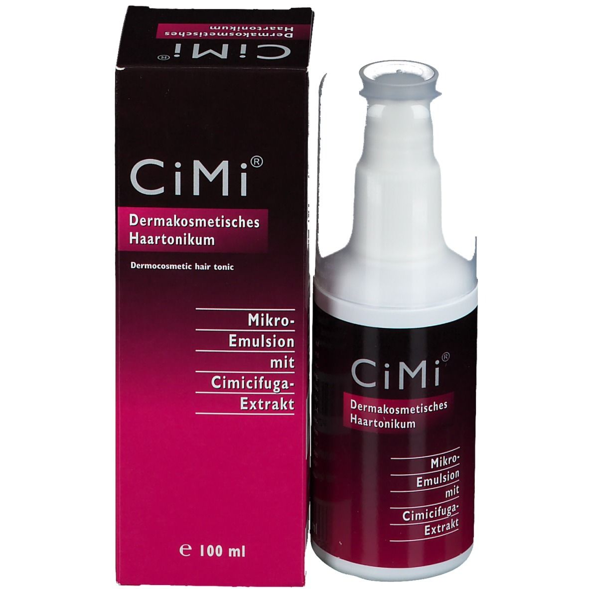 Productverpakking: fles en doos. Opschrift: CiMi, Dermacosmetisch Haartonikum, Micro-emulsie met Cimicifuga-extract. 100 ml.