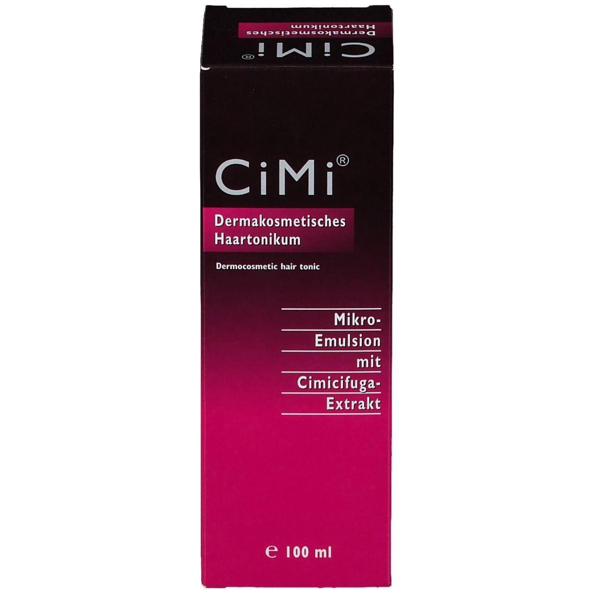 Productverpakking: doos. Opschrift: CiMi, Dermacosmetisch Haartonikum, Micro-emulsie met Cimicifuga-extract. 100 ml.