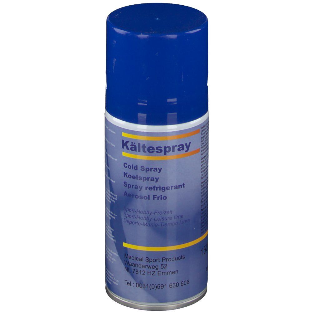 Bombe aérosol bleue et blanche avec le nom Kältespray. Inscriptions multilingues. Bouchon bleu.