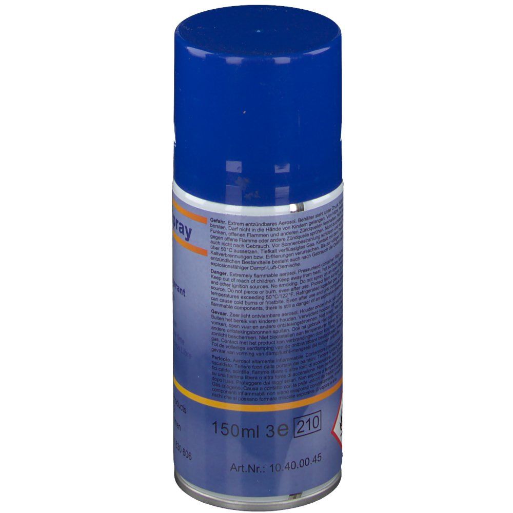 Dos de la bombe Kältespray. Texte multilingue. 150ml, 3e, 210. Symbole de danger.