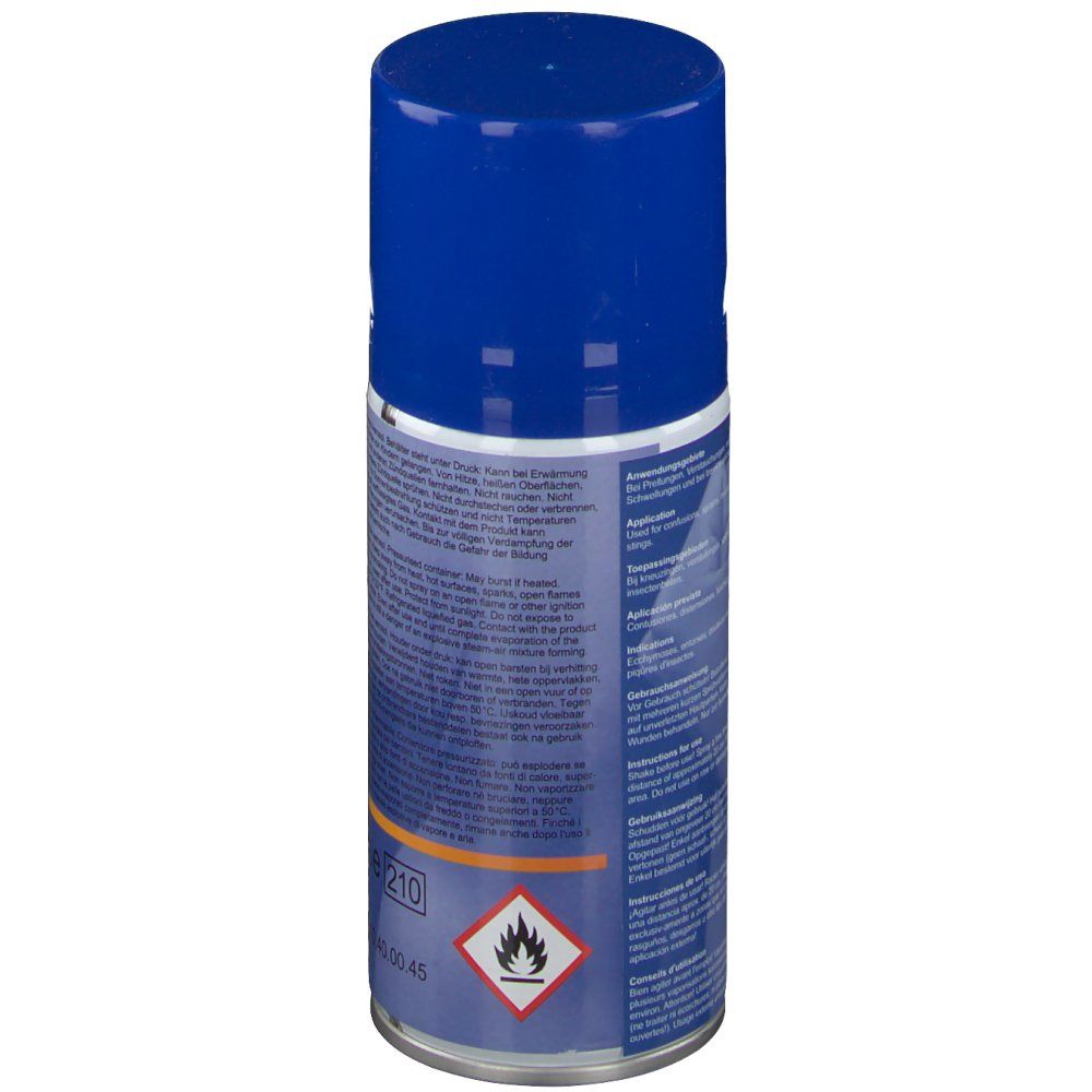 Dos de la bombe Kältespray. Texte multilingue. Symbole de danger.