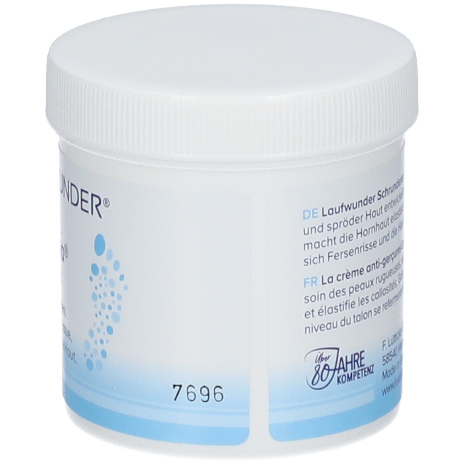 Witte pot met deksel. Opschrift: LAUFWUNDER, Schrundena, regenererend. Tekst op de achterkant.