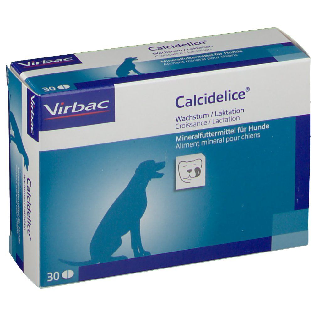 Blauw-witte doos met "Calcidelice"-logo en Virbac-logo. Bevat 30 tabletten. Afbeelding van een hond.