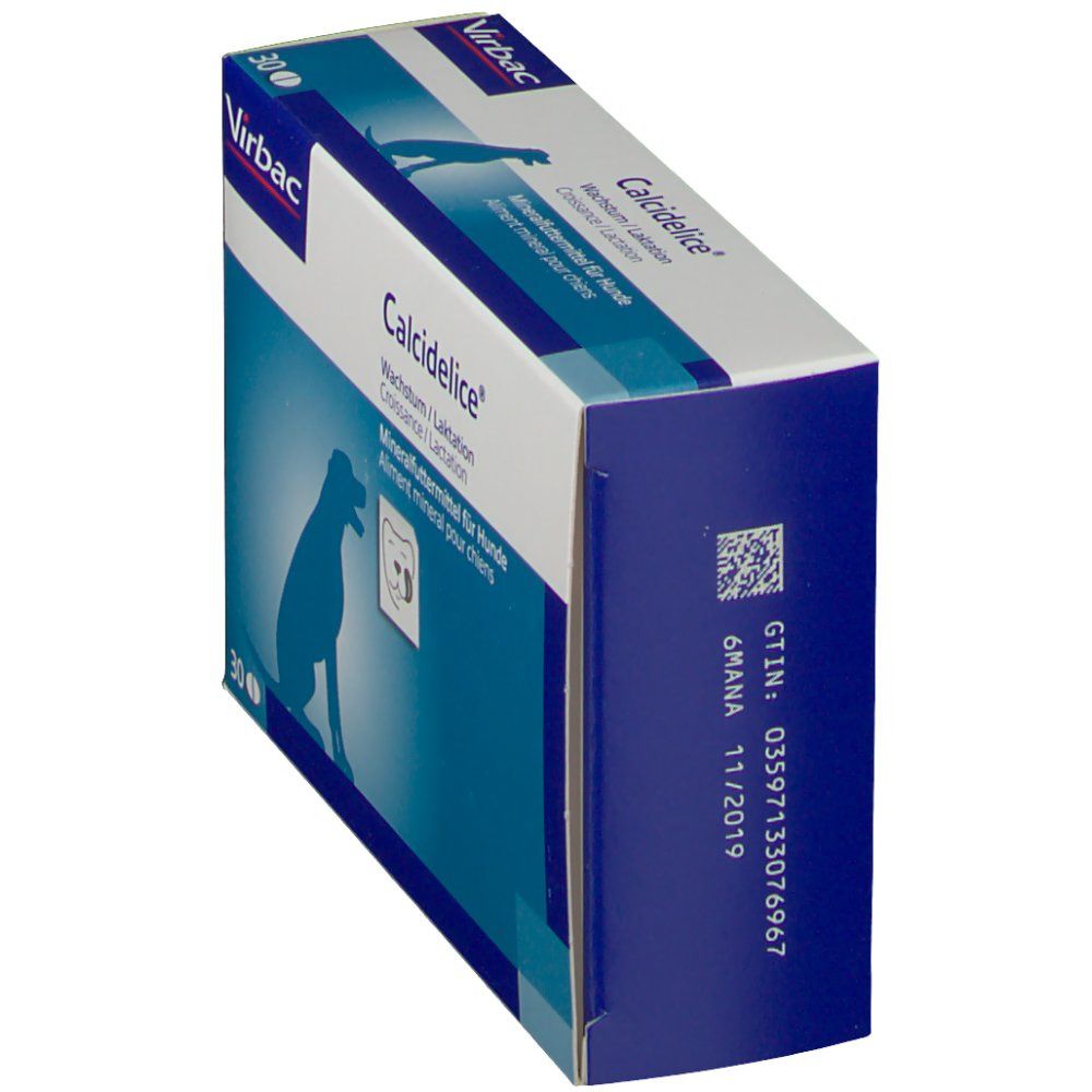Doos "Calcidelice" van Virbac. Blauw-witte verpakking. Tekst en logo. Bevat 30 tabletten.