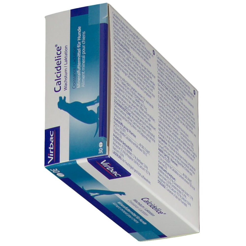 Doos "Calcidelice" van Virbac. Blauw-witte verpakking. Tekst en logo. Bevat 30 tabletten.