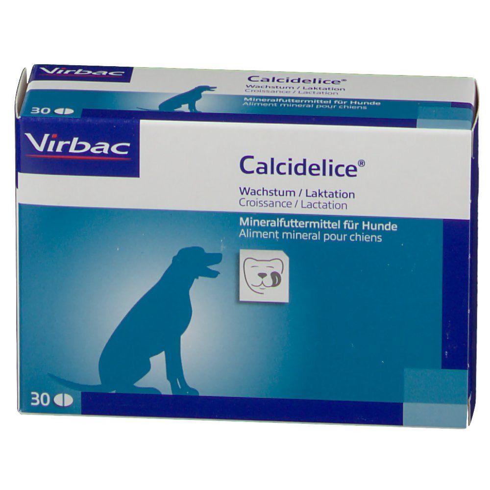 Blauw-witte doos met "Calcidelice"-logo en Virbac-logo. Bevat 30 tabletten. Afbeelding van een hond.