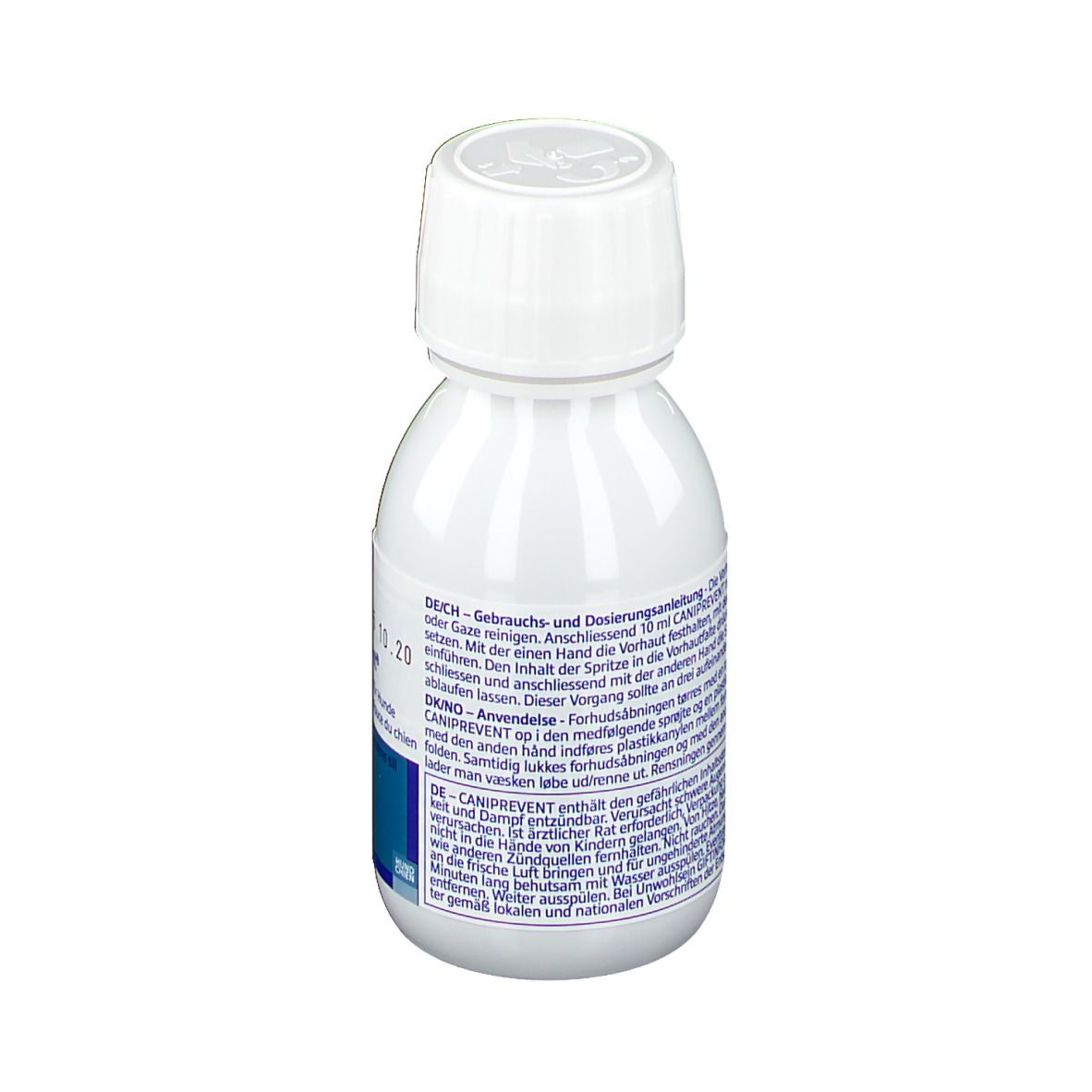 Flacon blanc avec texte. Dos avec mode d'emploi et instructions de dosage. Texte en allemand.