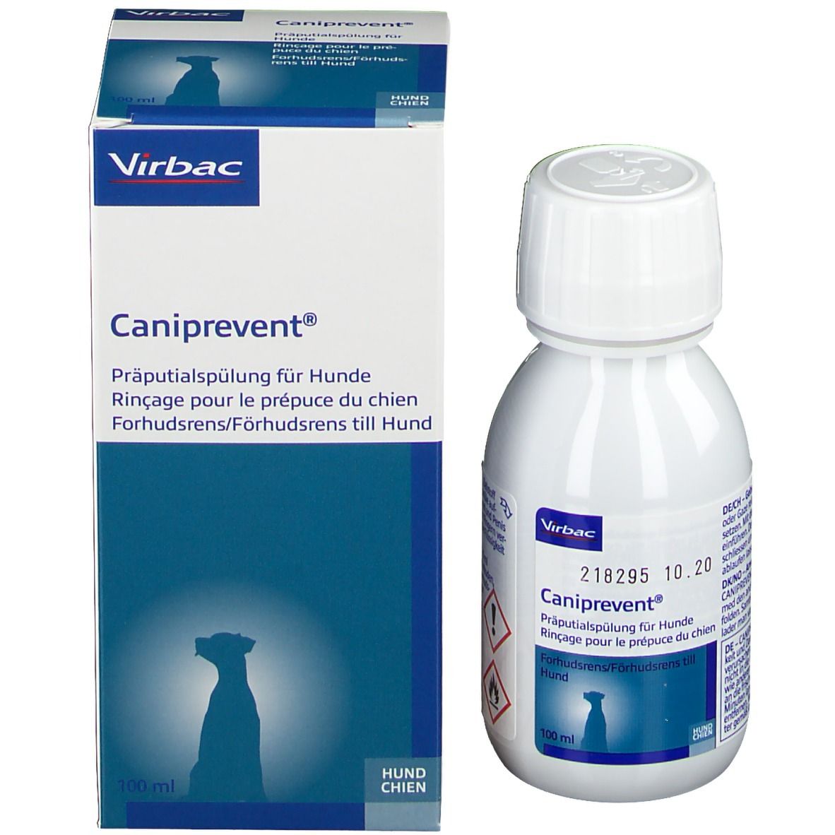 Flacon et emballage du produit. Inscription: Caniprevent, Rinçage pour le prépuce du chien. Symboles de danger. 100 ml.
