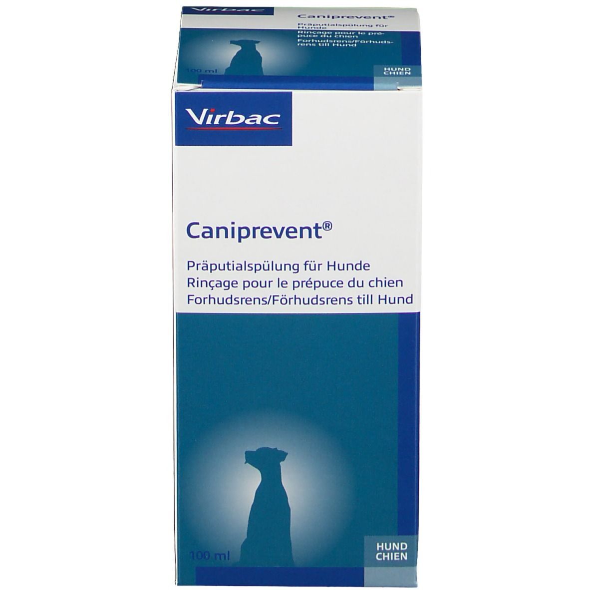 Emballage du produit. Inscription: Caniprevent, Rinçage pour le prépuce du chien. Logo Virbac. 100 ml.