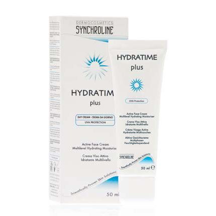 Tube et boîte de crème. Inscription : HYDRATIME plus, Day Cream, UVA Protection. Marque : SYNCHROLINE. 50 ml.