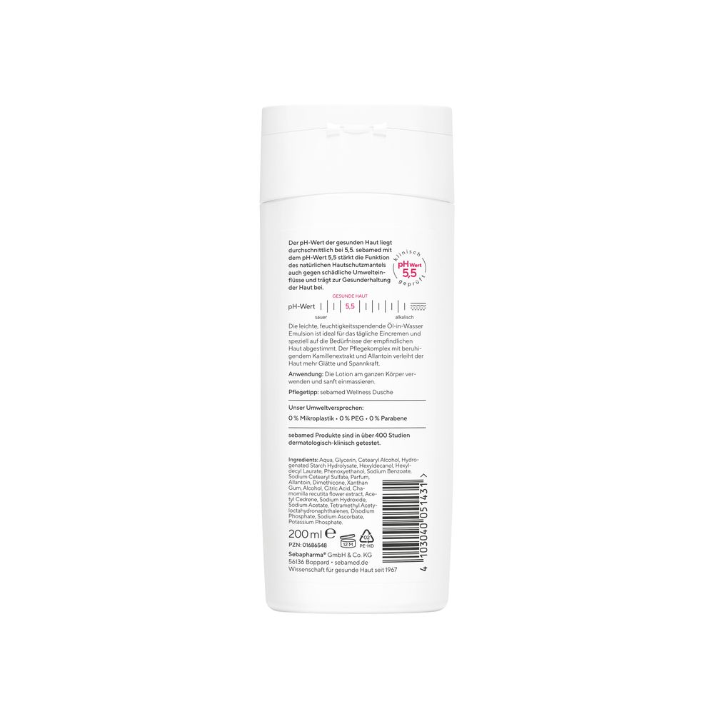 Dos du flacon de sebamed® Lotion. Texte: Émulsion huile dans eau hydratante légère. Ingrédients et fabricant.