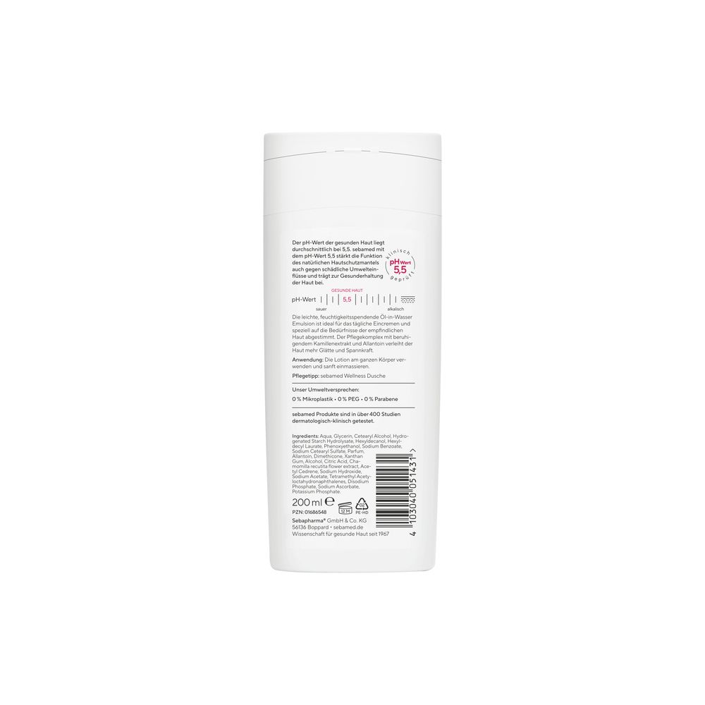 Dos du flacon de sebamed® Lotion. Texte: pH 5,5 stabilise le manteau protecteur de la peau. Ingrédients et fabricant.