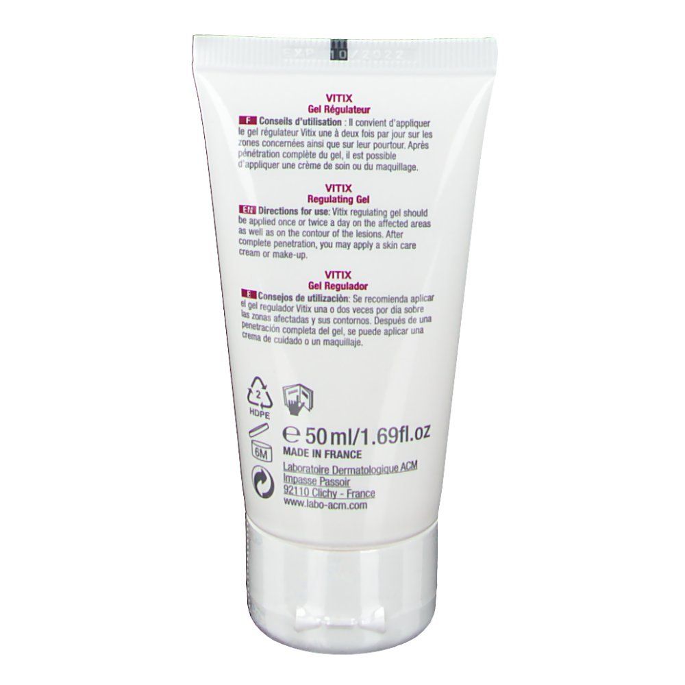 Dos d'un tube blanc. Texte en plusieurs langues, dont "VITIX Gel Régulateur".
