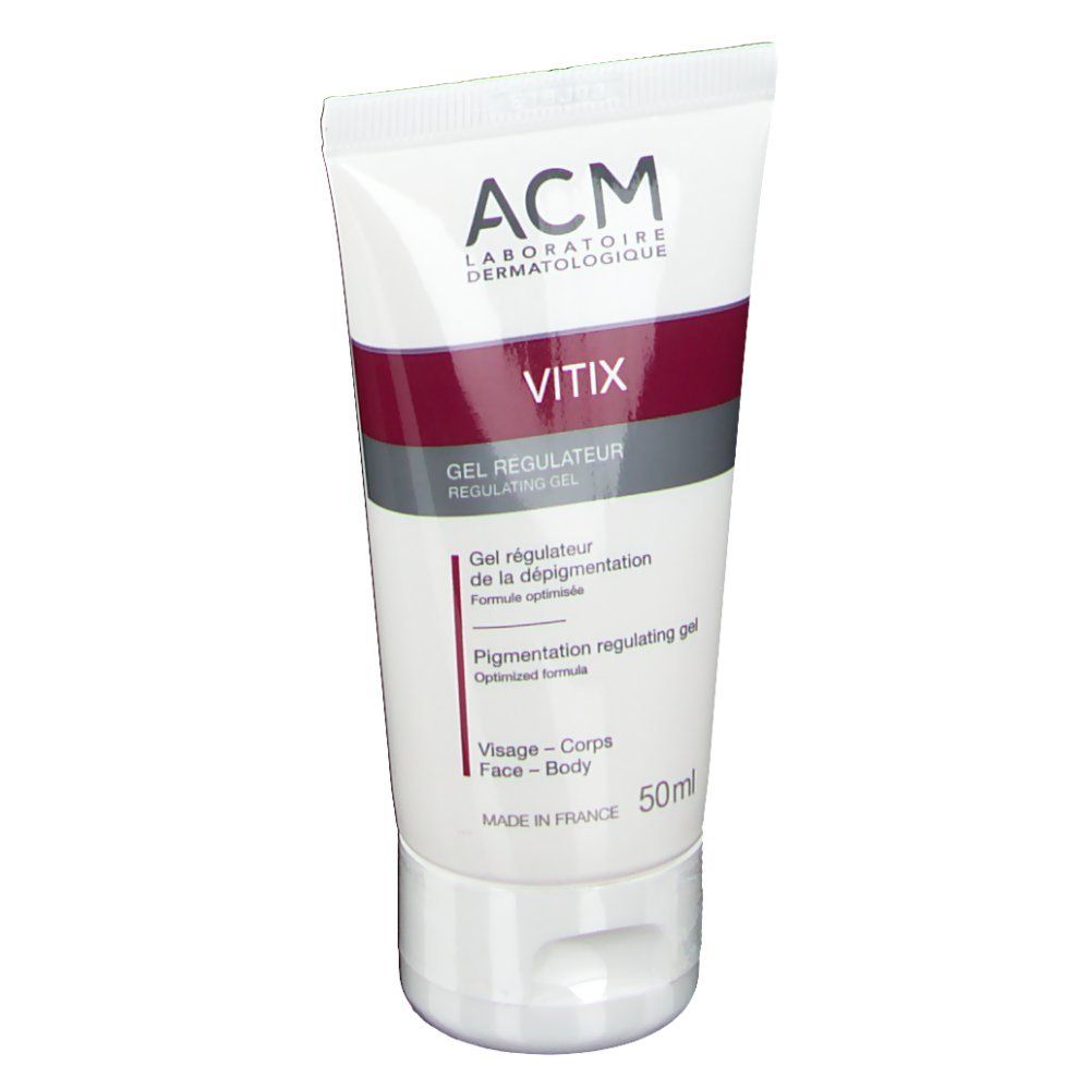 Tube blanc avec bande rouge. "VITIX" et "Gel Régulateur" visibles. 50ml.