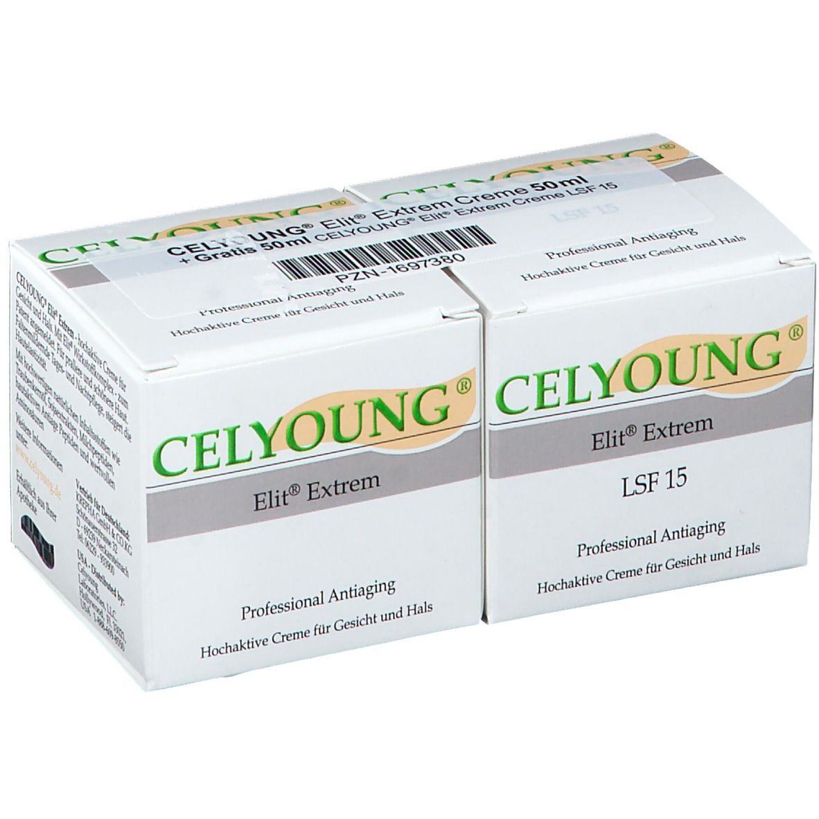 Deux boîtes blanches de CELYOUNG Elit Extrem Creme. Inscriptions : Elit Extrem, LSF 15, Professional Antiaging. Texte en allemand.