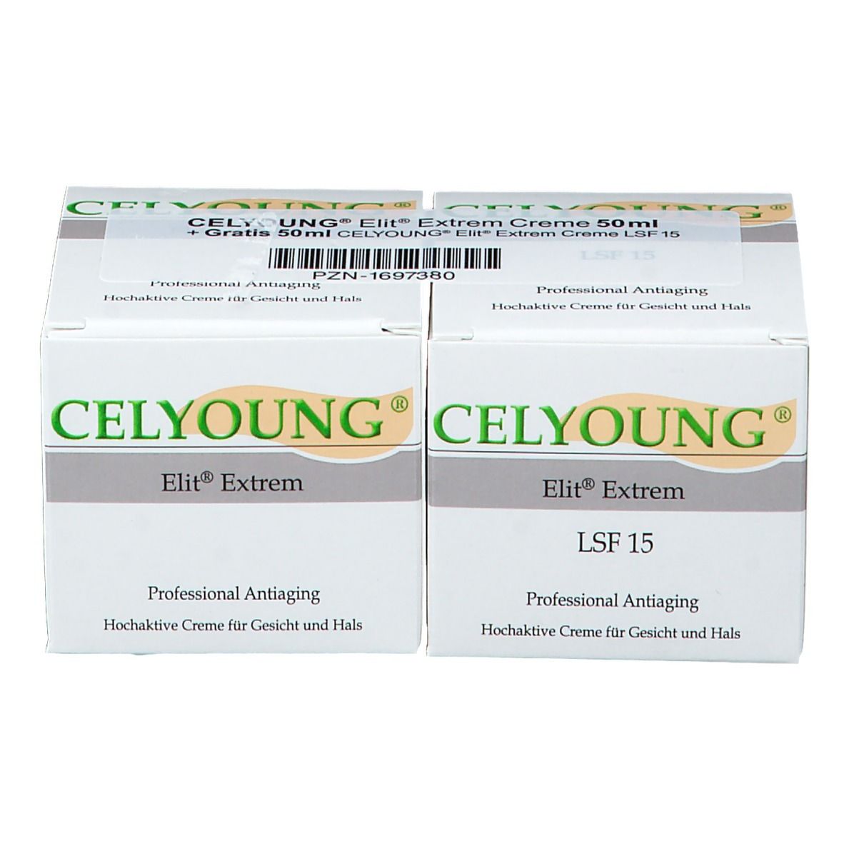 Deux boîtes blanches de CELYOUNG Elit Extrem Creme. Inscriptions : Elit Extrem, LSF 15, Professional Antiaging. Texte en allemand.