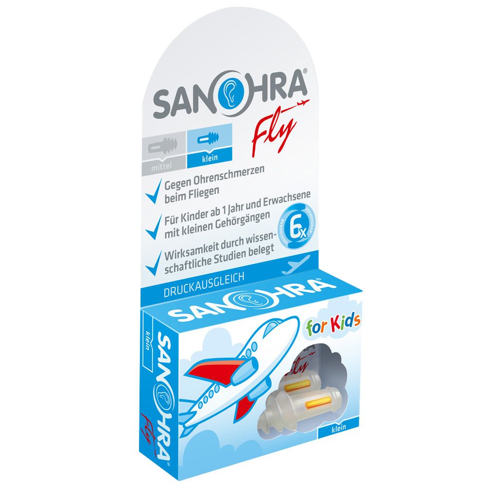 Emballage de Sanohra® Fly pour enfants. Boîte bleue avec avion et nom du produit. 6 unités visibles.