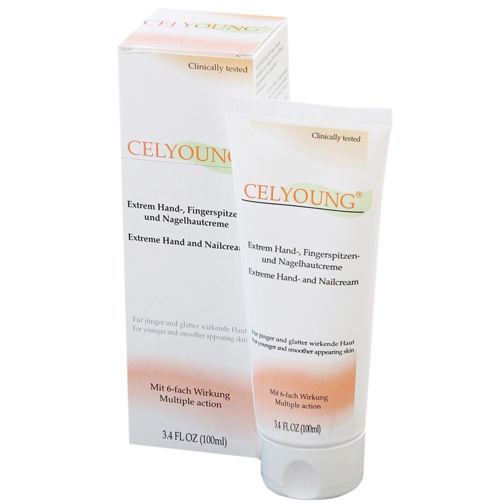 Tube et emballage de crème pour les mains. Inscription : CELYOUNG®, Extrem Handcreme. Testé cliniquement. 3.4 FL.OZ (100ml).