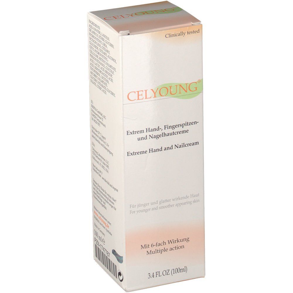 Emballage de crème pour les mains. Inscription : CELYOUNG®, Extrem Handcreme. Testé cliniquement. 3.4 FL.OZ (100ml).