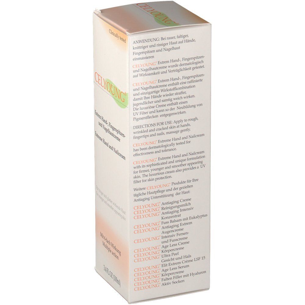 Emballage de crème pour les mains. Inscription : CELYOUNG®, Extrem Handcreme. Texte en allemand. Testé cliniquement. 3.4 FL.OZ (100ml).