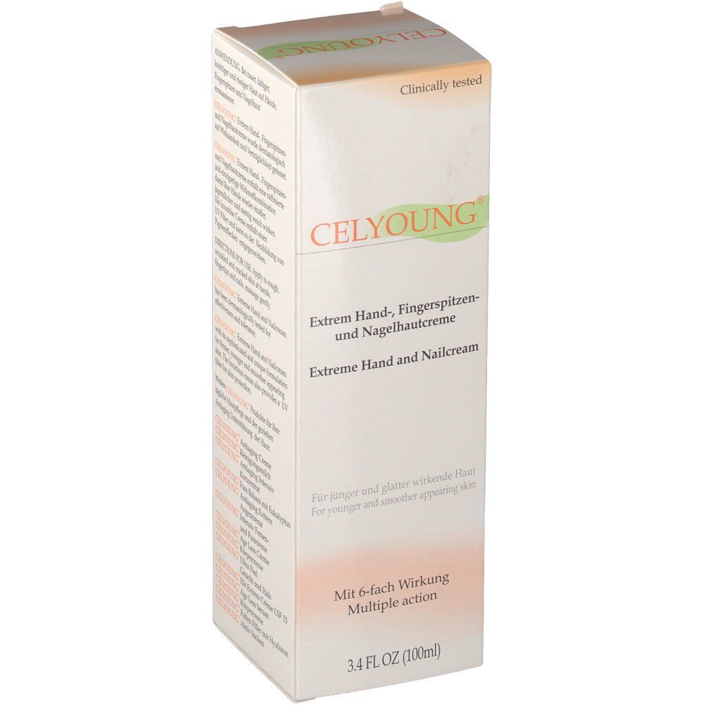 Emballage de crème pour les mains. Inscription : CELYOUNG®, Extrem Handcreme. Testé cliniquement. 3.4 FL.OZ (100ml).
