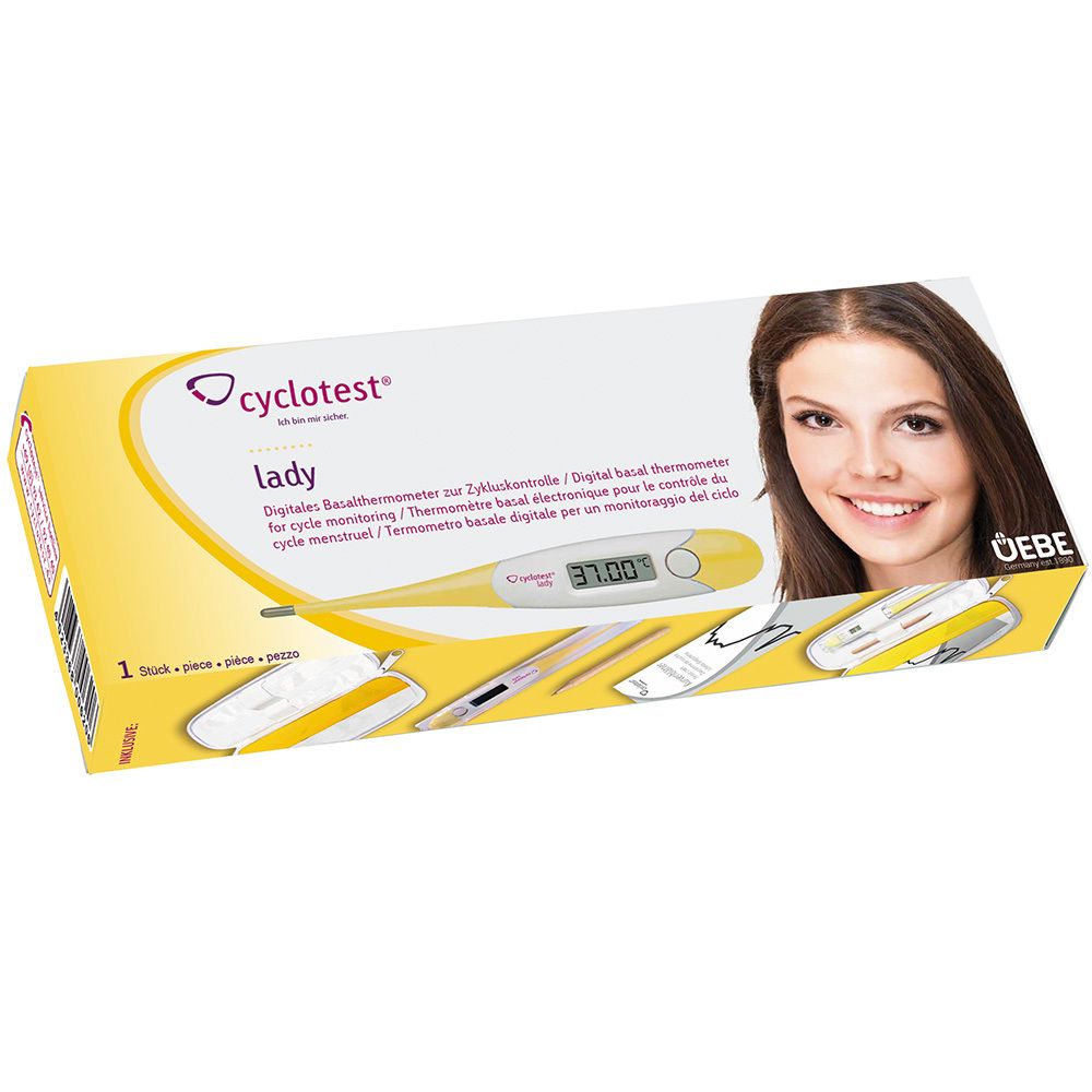 Verpakking van cyclotest® Lady. Digitale basale thermometer, afbeelding van een vrouw, tekst.