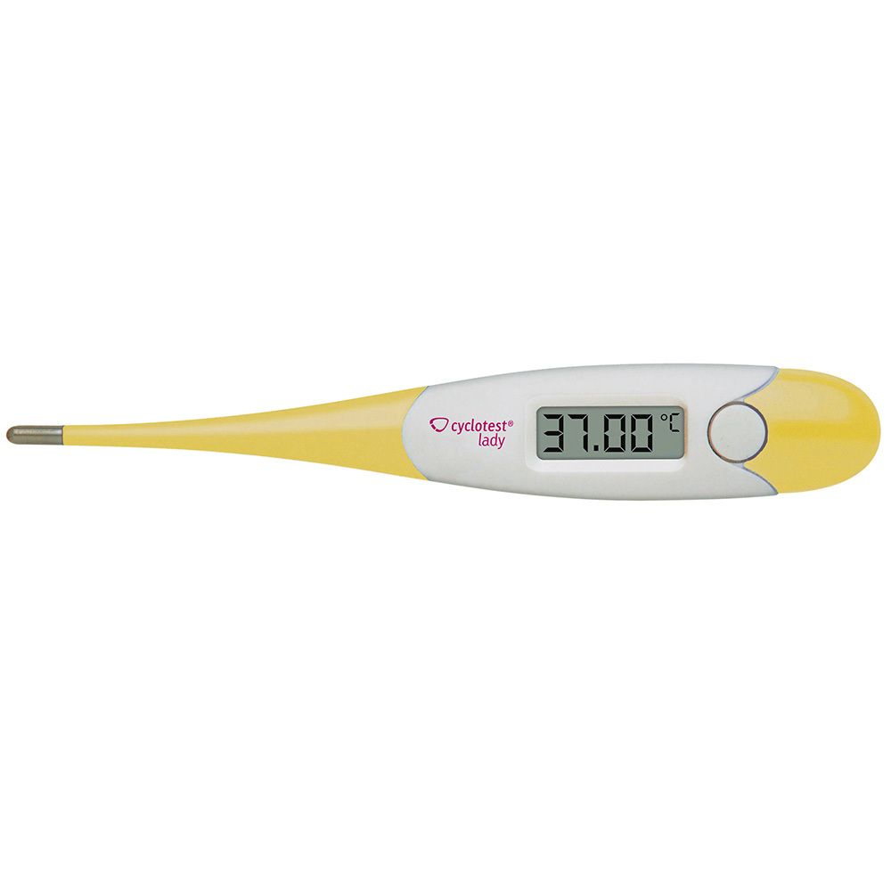 Digitale basale thermometer, geel-wit. Display: 37.00°C. Knop. cyclotest® Lady logo.