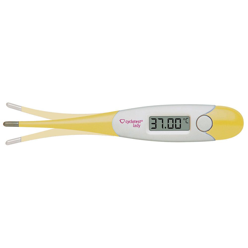 Digitale basale thermometer, geel-wit. Punt met twee uiteinden. Display: 37.00°C.