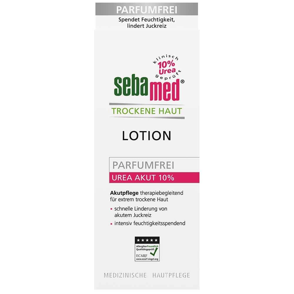 Lotion Sebamed Peaux Sèches Urea 10%, sans parfum. Boîte avec illustration du produit.