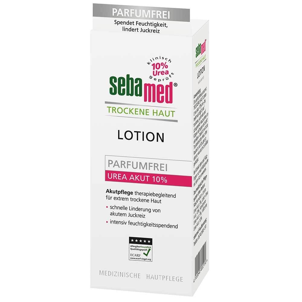 Lotion Sebamed Peaux Sèches Urea 10%, sans parfum. Boîte vue de face et légèrement de côté.