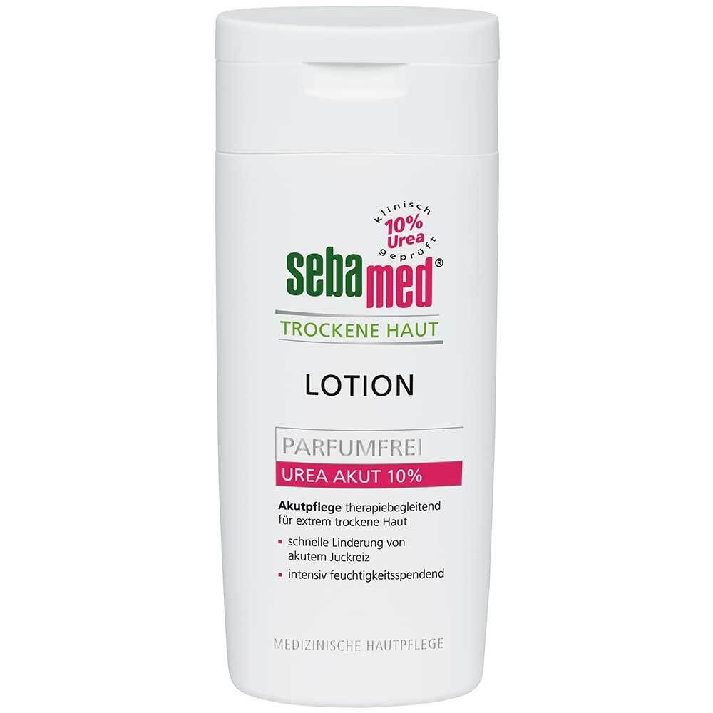 Lotion Sebamed Peaux Sèches Urea 10%, sans parfum. Flacon blanc avec bouchon à clapet.
