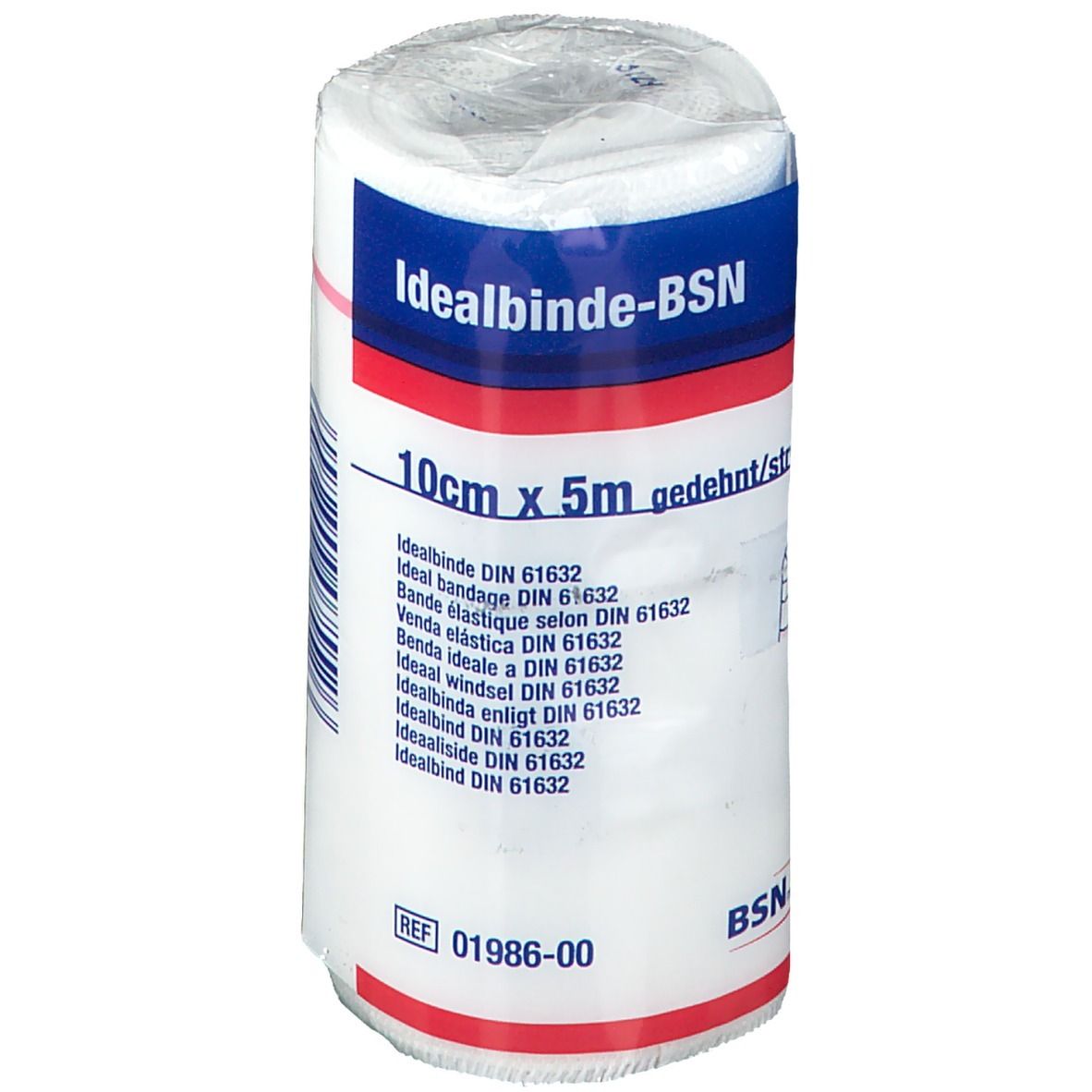 Witte verbandrol met blauwe en rode opschriften. Opschrift: Idealbinde-BSN, 10cm x 5m. DIN 61632. BSN-logo.
