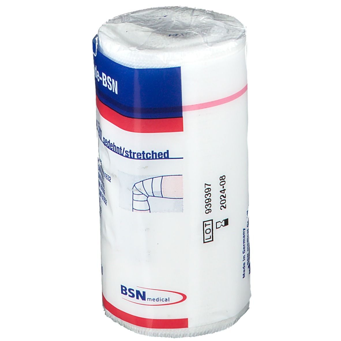Witte verbandrol met blauwe en rode opschriften. Opschrift: BSN medical. Illustratie van knie. Lotnummer en vervaldatum.