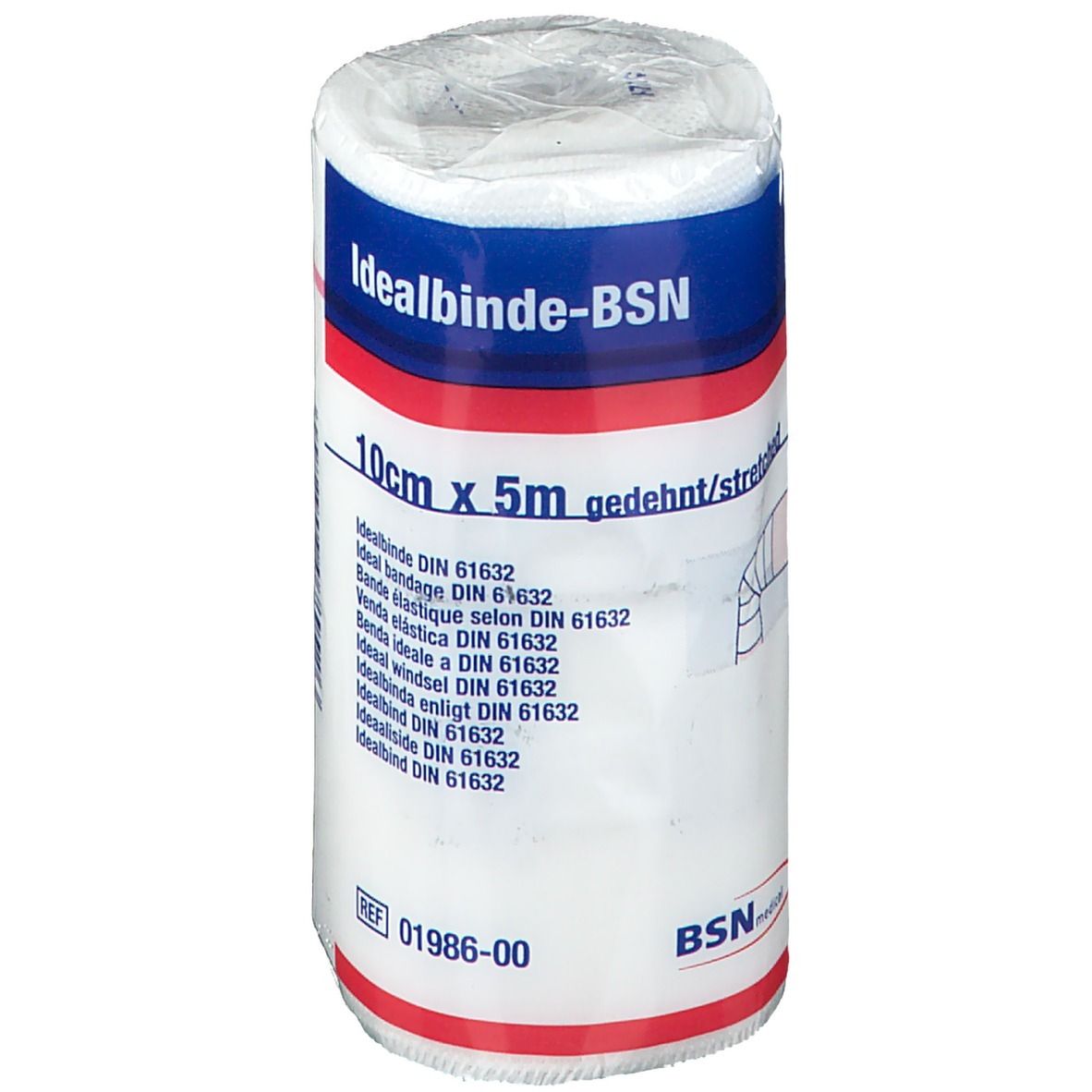 Witte verbandrol met blauwe en rode opschriften. Opschrift: Idealbinde-BSN, 10cm x 5m. DIN 61632. BSN-logo.